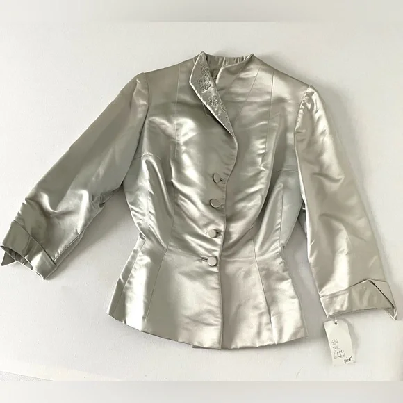 Vintage Silk Beaded Button Long Sleeve Blazer Esther Pomerantz Blue Silver Small - Picture 4 of 15